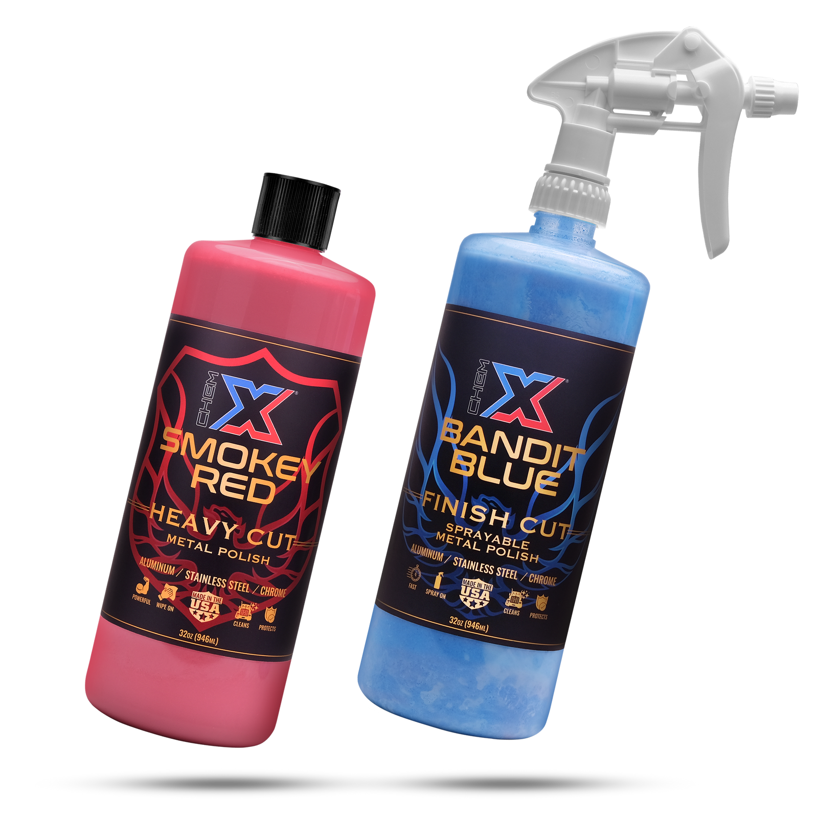 Smokey Red and Bandit Blue: Heavy Cut and Finish Cut Sprayable Metal Polish